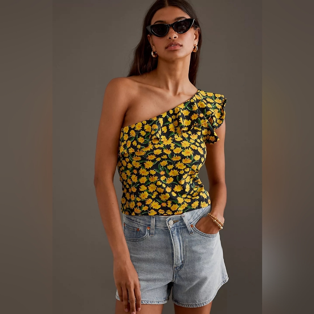 Anthropologie Maeve One-Shoulder Ruffled Floral Yellow Black Cotton Top